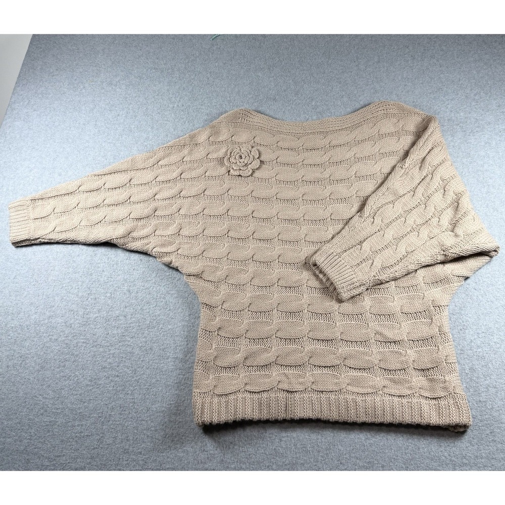Say What? Beige Cable Knit Batwing Sweater 3D Flower Boho Coquette Hippie Sz M